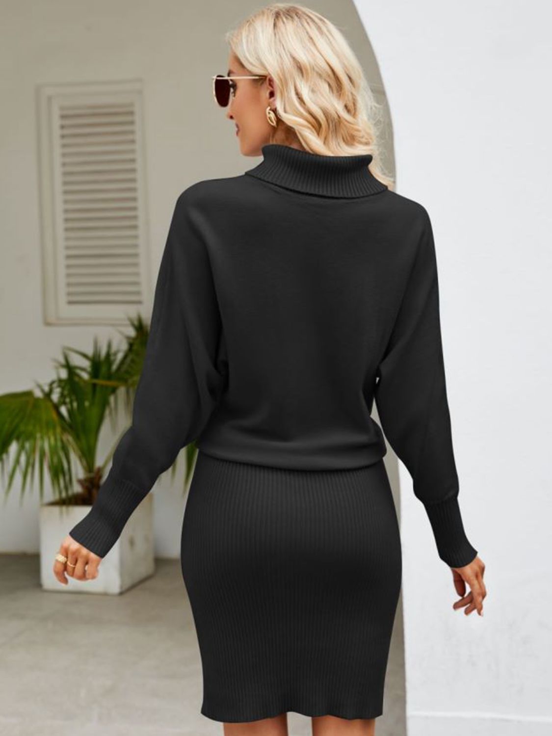 Turtle Neck Ribbed Sweater Dress