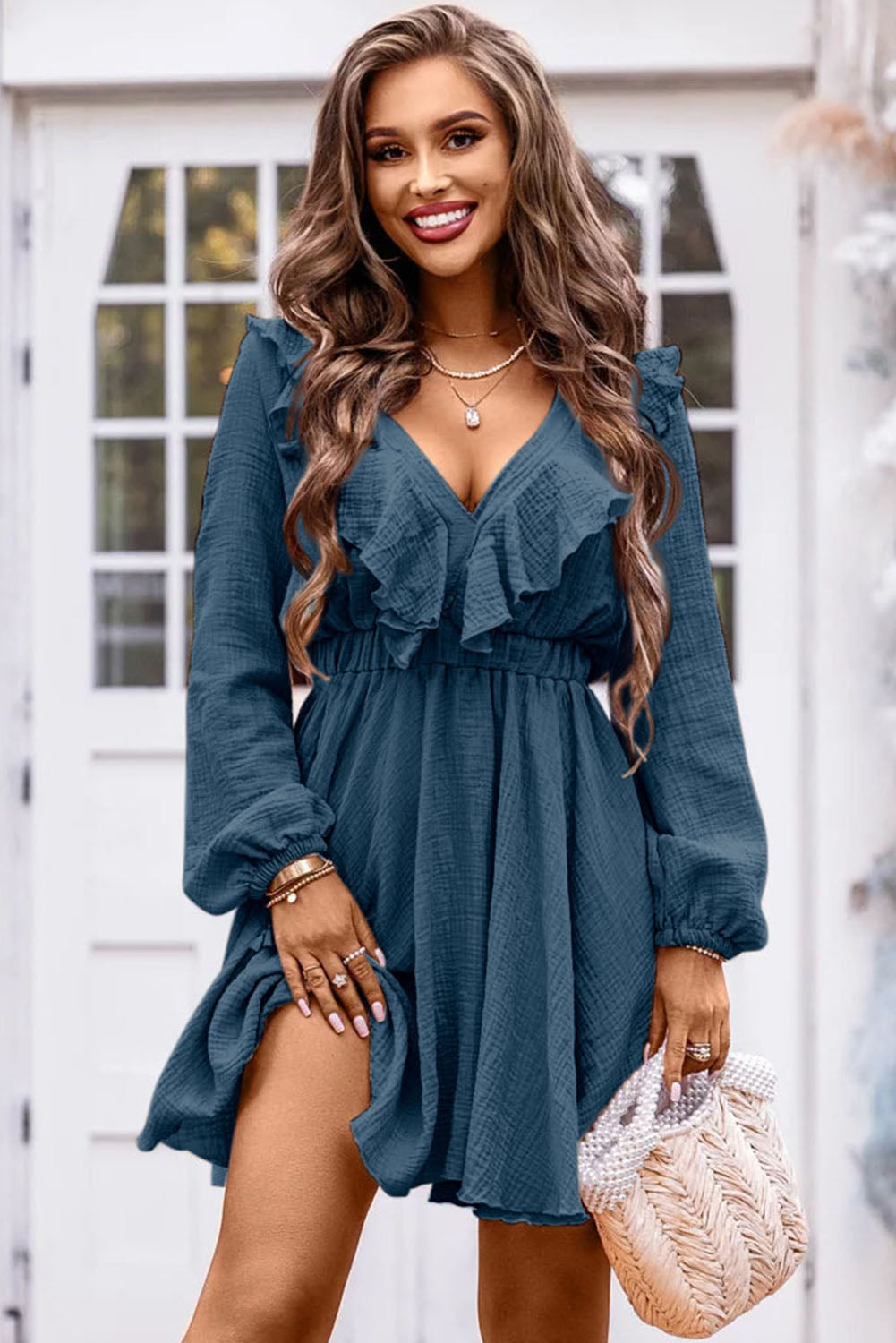 Ruffle Trim V-Neck Dress