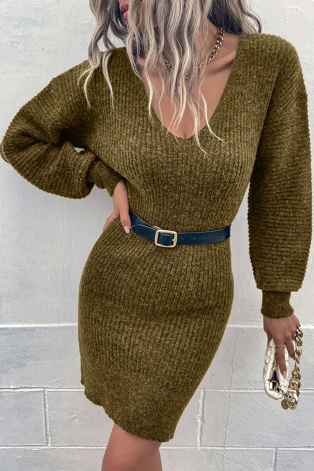 Ribbed V-Neck Sweater Dress